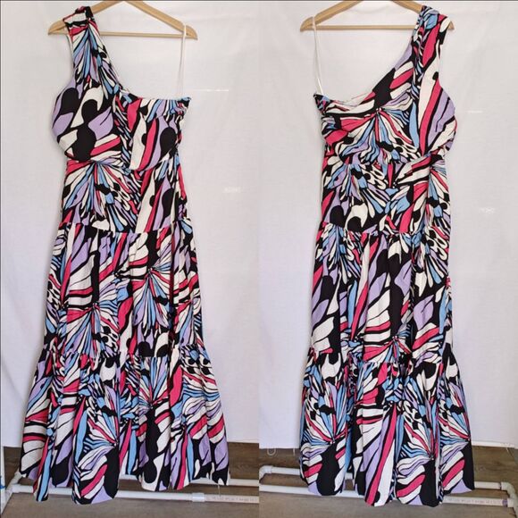 Anthropologie Maeve One-Shoulder Printed Midi Dress 14P Black White Blue Pink - Picture 1 of 13